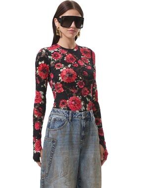 AFRM Black Lace Long-Sleeve Top with Red Floral Print